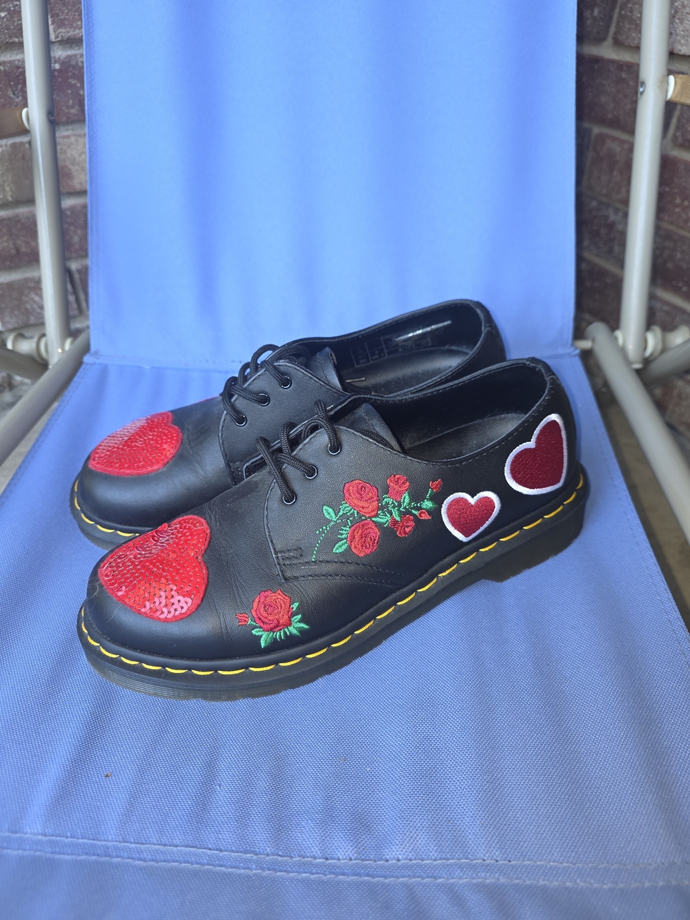 Doc Martins Black Women's Lace-Up Shoes with Red Heart & Rose Embroidery